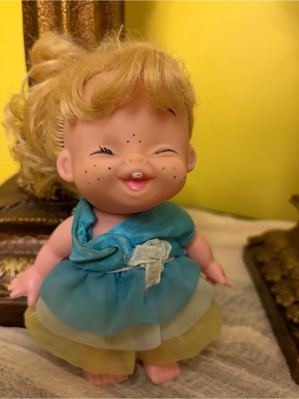 Vintage 1960s Evergreen Winking Doll Freckles Hong Kong 5 Inch Blue Dress